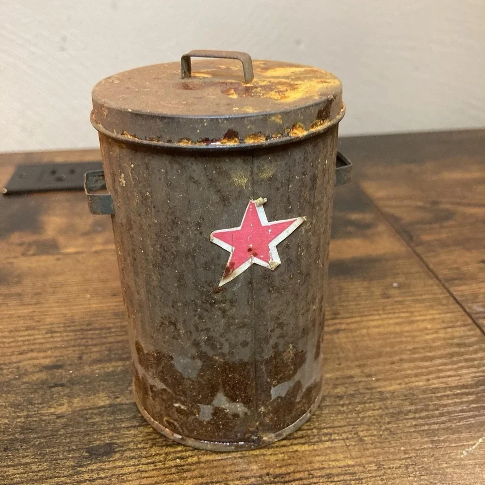 Vtg Mini Metal Trash Can Red Star Rustic Primitive Garden Decor Farmhouse 1:6 Sc